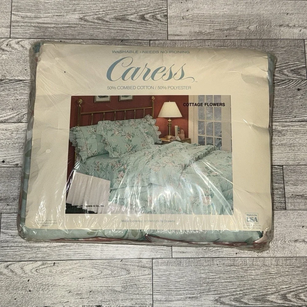 Vtg‎ Caress No Iron King Flat Sheet Floral Lace Ruffle NWT Mervyn's Cottagecore
